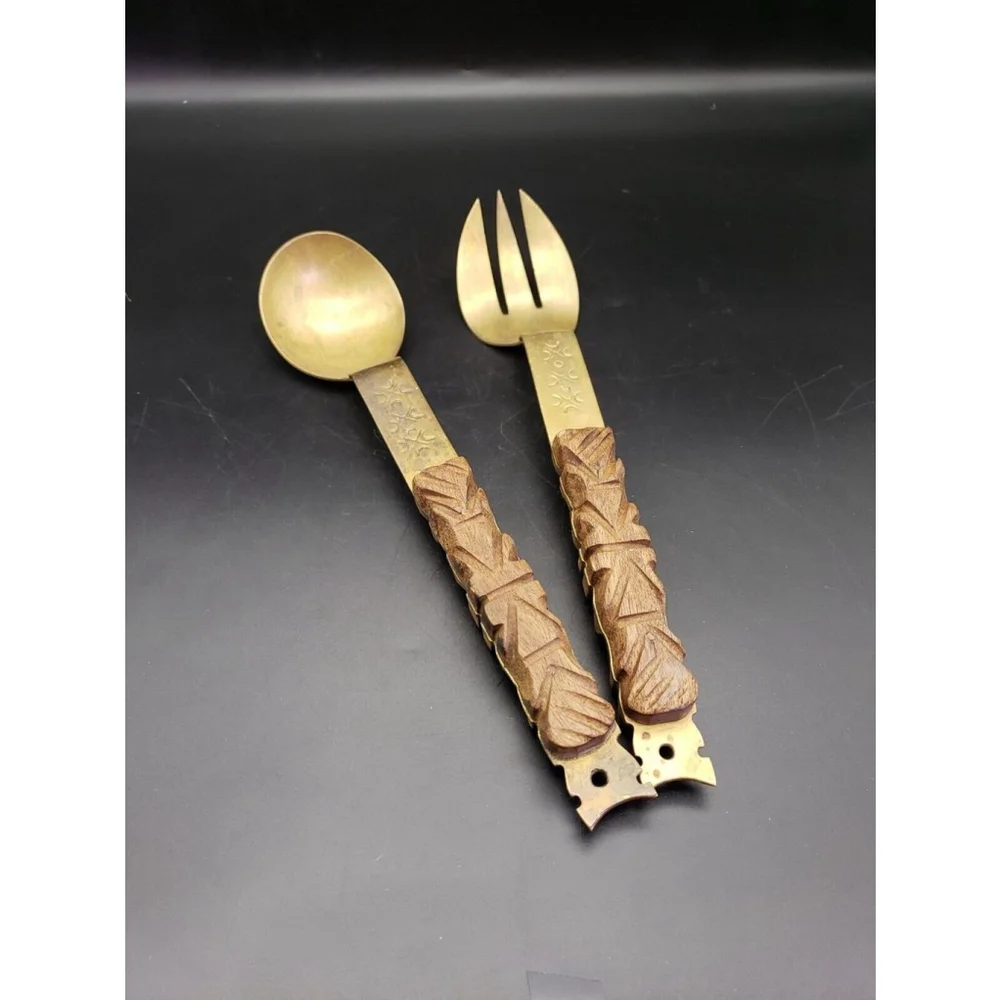 Vintage MCM Spoon & Fork Salad Servers Wood and Brass 11